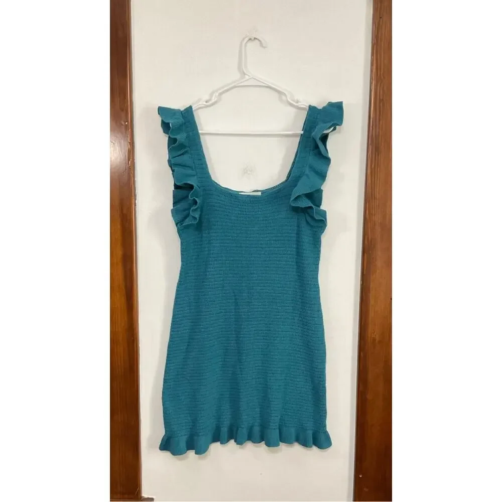 Anthropologie Ruffled Pointelle Knit Mini Dress Square Neck Blue Medium - Picture 4 of 9